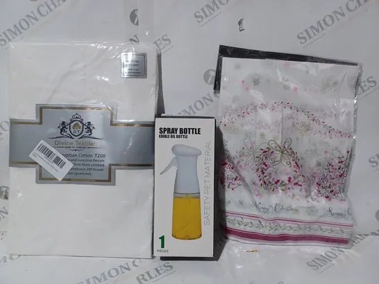 BOX OF APPROXIMATELY 10 ASSORTED HOUSEHOLD ITEMS TO INCLUDE PLASTIC TABLE COVER, SPRAY BOTTLE, COT BED FITTED SHEET, ETC