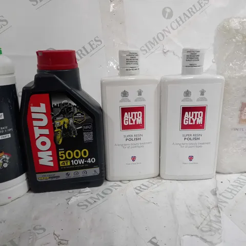 5 ASSORTED TIES TO INCLUDE: MOTUL MOTOR OIL SUPER RESIN POLISH, ULTRASONIC PRO ETC 