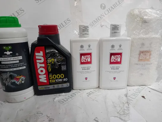 5 ASSORTED TIES TO INCLUDE: MOTUL MOTOR OIL SUPER RESIN POLISH, ULTRASONIC PRO ETC 