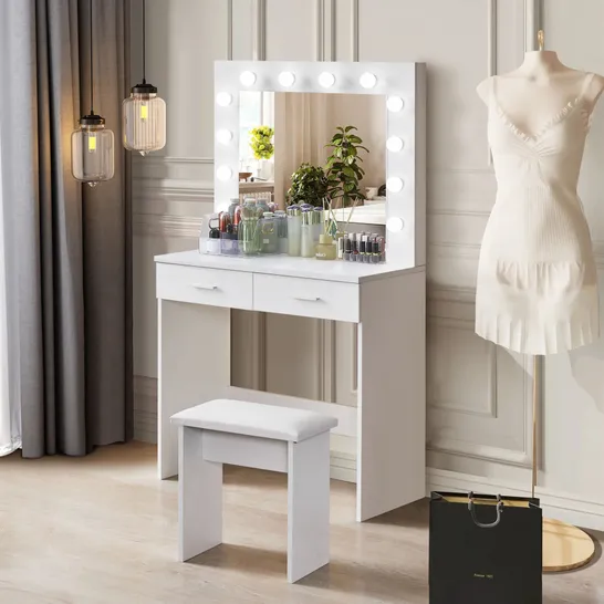 BOXED HOLLYWOOD WHITE DRESSING TABLE SET WITH LED LIGHTS