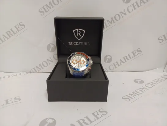 RUCKSTUHL R400 MENS CHRONOGRAPH WATCH - BLUE & ORANGE BEZEL - STAINLESS STEEL CASE - BLUE RUBBER STRAP - DISPLAY BOX