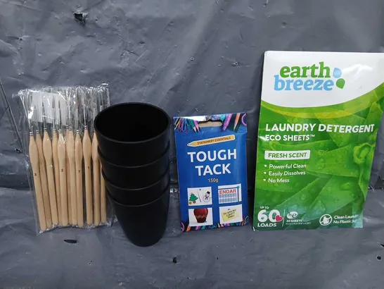 BOX OF APPROXIMATELY 12 ASSORTED ITEMS TO INCLUDE - EARTH BREEZE LAUNDRY DETERGENT , TOUCH TACK , PLASTIC CUP ETC