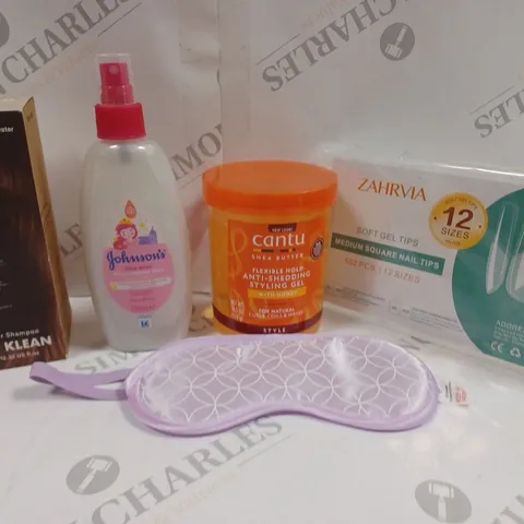 BOX OF APPROXIMATELY 15 ASSORTED COSMETIC ITEMS TO INCLUDE HELLO KLEAN SHAMPOO, ZAHRVIA SOFT GEL TIPS, SLEEP MASK ETC