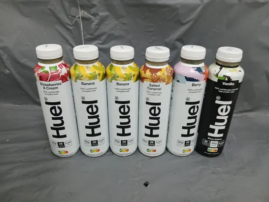 6X HUEL MEAL DRINKS 500ML IN VANILLA, BERRY, SALTED CARAMEL, BANANA, AND STRAWBERRYS AND CREAM 