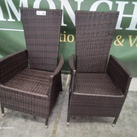 PAIR DESIGNER BROWN RATTAN HIGH BACK RECLINING PATIO ARMCHAIRS