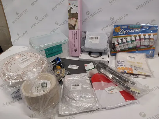 15 BRAND NEW ITEMS TO INCLUDE: METALLIC PAINT SET, COOKING TONGS, PACKS OF PLATES,STAVK OF PAPER BOWLS