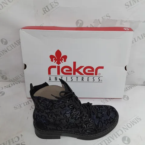 BOXED PAIR OF REIKER LACE UP BOOTS IN NAVY - SIZE 5