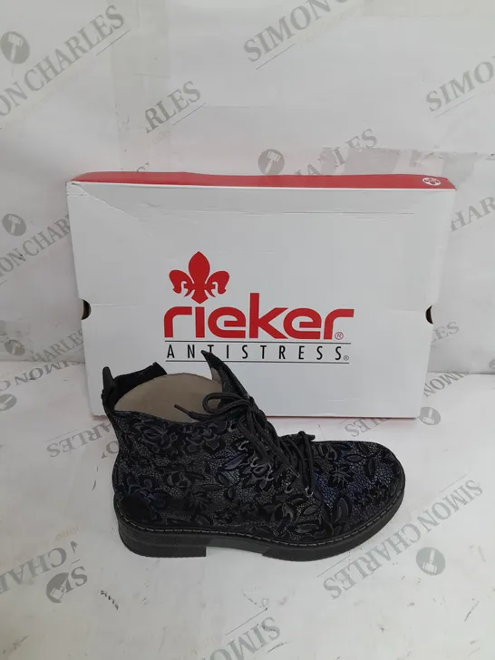 BOXED PAIR OF REIKER LACE UP BOOTS IN NAVY - SIZE 5