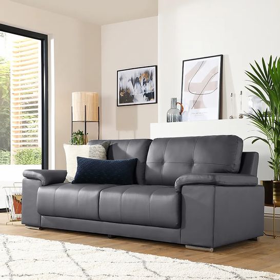 BOXED DESIGNER GREY KANSAS LEATHER FIXED THREE SEATER SOFA