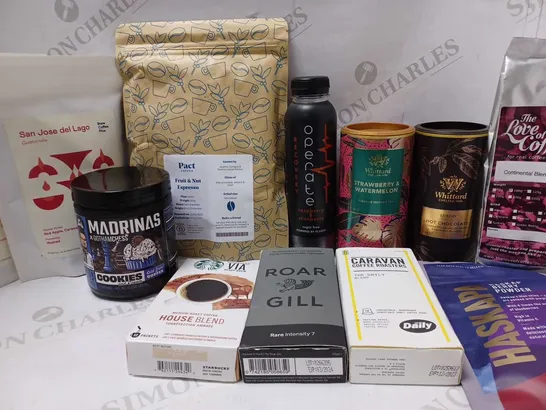 LOT OF APPROX 12 ASSORTED DRINK ITEMS TO INCLUDE PACT COFFEE FRUIT & NUT ESPRESSO, WHITTARD STRAWBERRY & WATERMELON INSTANT TEA, STARBUCKS HOUSE BLEND MEDIUM ROAST COFFEE, ETC 