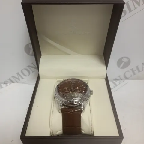 BOXED SAMUEL JOSEPH LIMITED EDITION STEEL & BROWN AUTOMATIC DESIGNER MENS WATCH - HAND ASSEMBLED - SKELETON CASE, 20 JEWELS AND A LUXURY GENUINE LEATHER STRAP - ROUND CASE - WATER RESISTANT