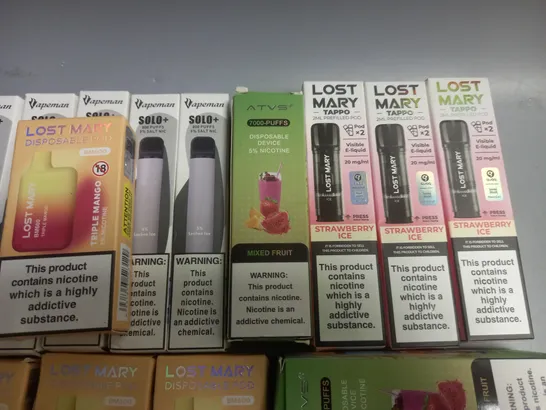 LOT OF 22 ASSORTED E-CIG ITEMS TO INCLUDE LOST MARY REFILLABLE POD, DISPOSABLE PODS AND VAPEMAN SOLO+