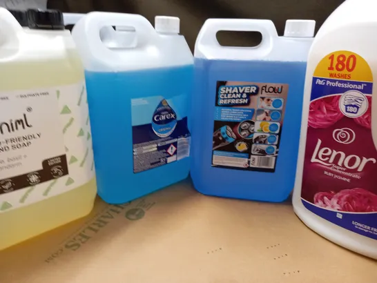 LOT OF 11 ASSORTED LARGE HOME LIQUID ITEMS TO INCLUDE 5L CAREX, DISTILLED WATER AND LENOR SPRING / COLLECTION ONLY