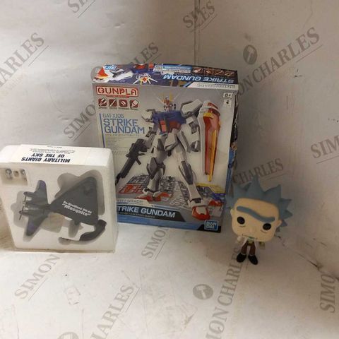 3 ASSORTED TOYS AND COLLECTABLES TO INCLUDE; MILITARY GIANTS OF THE SKY DE HAVILLAND,  GUNPLA GAT X105 STRIKE GUNDAM AND RICK POP FIGURE