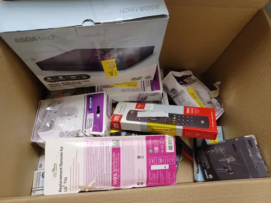 BOX OF APPROXIMATELY 28 ASSORTED ELECTRICALS TO INCLUDE ONE FOR ALL UNIVERSAL REMOTE, NOISE CANCELLING WIRELESS EARBUDS, HDMI DVD PLAYER, ETC