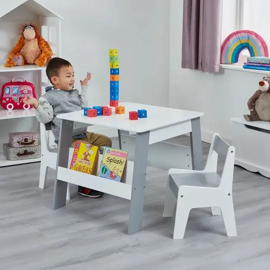 BOXED HELOTES KIDS 3 PIECE SQUARE PLAY OR ACTIVITY TABLE AND CHAIR SET - WHITE/GREY (1 BOX)