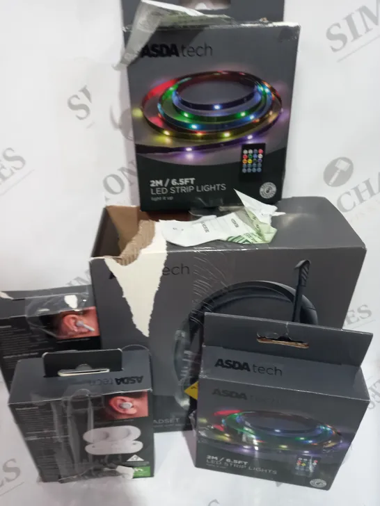 LOT OF ASSORTED ITEMS TO INCLUDE - LED LIGHT STRIPS - HEADPHONES - EARBUDS 