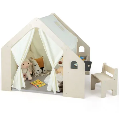 BOXED COSTWAY 6-IN-1 TODDLERS INDOOR LARGE PLAY TENT PLAYHOUSE WITH STORAGE BIN AND FLOOR MAT - BEIGE