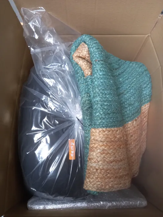 LARGE BOX OF ASSORTED ITEMS TO INCLUDE RUGS, PICTURES AND PILLOWS