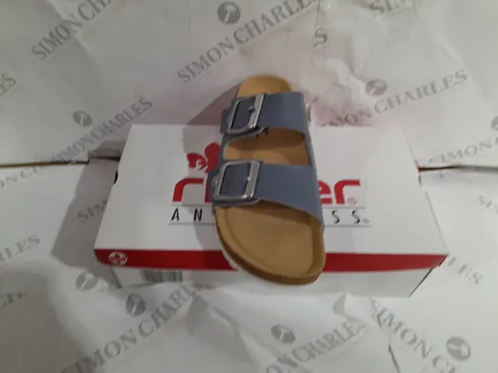 BOXED PAIR OF RIEKER OPEN TOE LOW WEDGE SANDALS IN BLUE UK SIZE 6