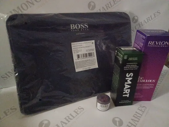 APPROXIMATELY 20 ASSORTED PRODUCTS TO INCLUDE HUGO BOSS POUCH, REVLON BE FABULOUS DAILY CONDITIONER, MADARA EXPERT REPAIR MASK, PRIMA MAKEUP BIO GLITTER ETC.