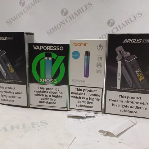 APPROXIMATELY 20 BOXED E-CIGARETTES TO INCLUDE ARGUS PRO , VAPORESSO XROS 3  - X , ASPIRE FLEXUS , ETC 