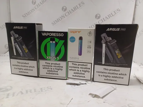 APPROXIMATELY 20 BOXED E-CIGARETTES TO INCLUDE ARGUS PRO , VAPORESSO XROS 3  - X , ASPIRE FLEXUS , ETC 