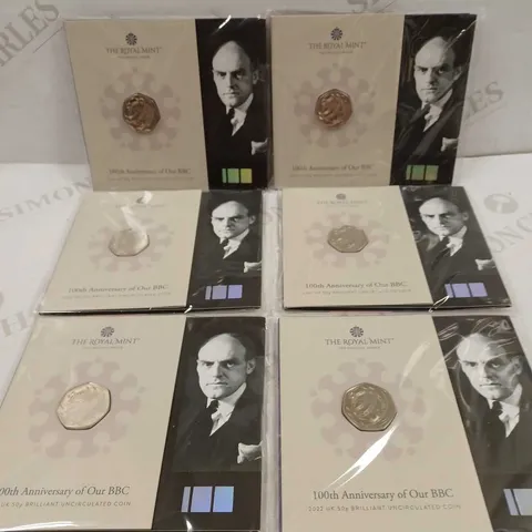 LOT TO CONTAIN 6 X THE ROYAL MINT 100TH ANNIVERSARY OF OUR BBC 50P COINS 