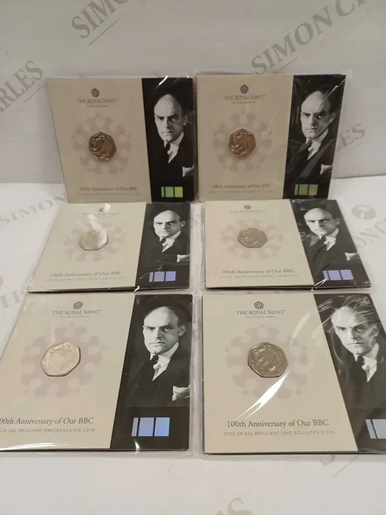 LOT TO CONTAIN 6 X THE ROYAL MINT 100TH ANNIVERSARY OF OUR BBC 50P COINS 