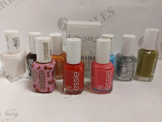 BOX OF APPROX 10 ESSIE NAIL PRODUCTS TO INCLUDE NAIL STRENGTHENER AND NAIL LACQUER IN ASSORTED COLOURS