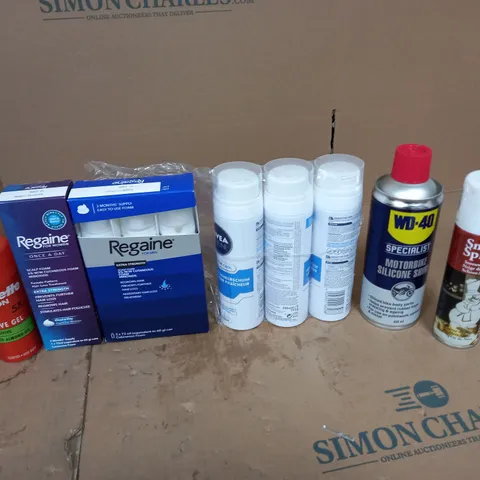 APPROXIMATELY 10 ASSORTED AEROSOLS TO INCLUDE NIVEA MEN SHAVE FOAM, GILLETTE SHAVE GEL, AND WD-40 ETC.