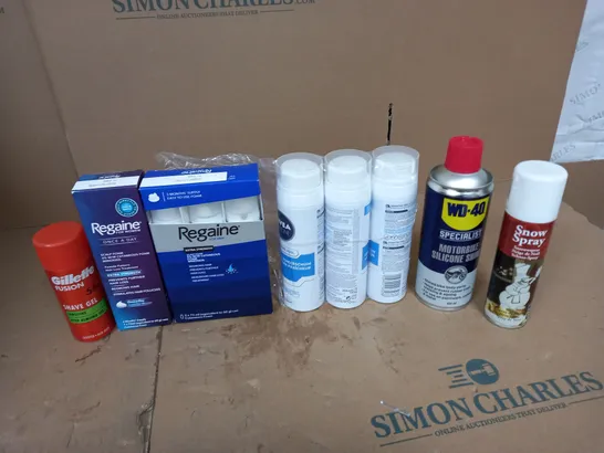 APPROXIMATELY 10 ASSORTED AEROSOLS TO INCLUDE NIVEA MEN SHAVE FOAM, GILLETTE SHAVE GEL, AND WD-40 ETC.