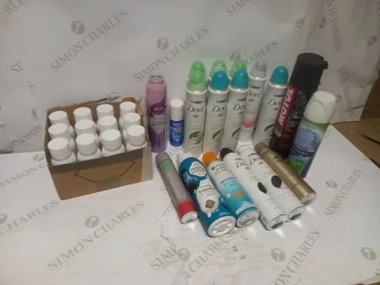 BOX OF  ASSORTED HEALTH AND BEAUTY PRODUCTS - INCLUDING DOVE, DEODERANT, MICROBURST 3000 AIR NEUTRALISER