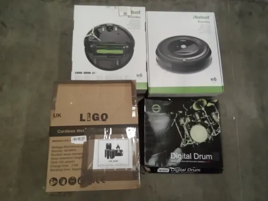 PALLET OF ASSORTED ITEMS INCLUDING IROBOT ROOMBA VACUUM CLEANER, DIGITAL DRUM MAT, CORDLESS WET DRY VACUUM CLEANER