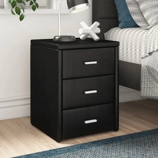 BOXED ARJWAN 3 DRAWER BEDSIDE TABLE BLACK (1 BOX)