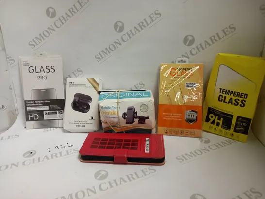 LOT OF APPROXIMATELY 20 ASSORTED PHONE ACCESSORIES AND ELECTRICALS TO INCLUDE MOBILE PHONE HOLDER, TEMPERED GLASS SCREEN PROTECTOR, Y50 WIRELESS EARBUDS, ETC