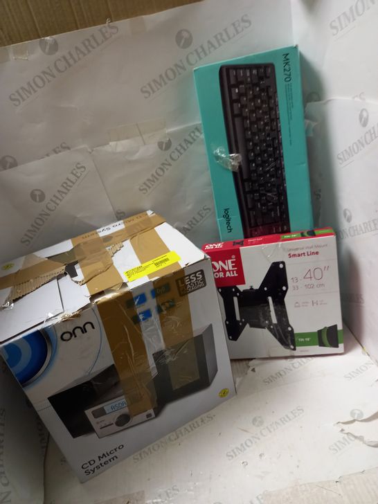 LOT OF 3 ASSORTED ELECTRICAL ITEMS TO INCLUDE CD MICRO SYSTEM, UNIVERSAL WALL MOUNT, LOGITECH KEYBOARD