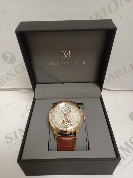 MENS VONLANTHEN AUTOMATIC WATCH – SILVER AND RED TEXTURED DIAL – ROSE GOLD COLOUR CASE - GLASS EXHIBITION BACKCASE – LEATHER STRAP