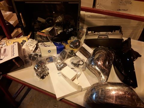 ASSORTED VEHICLE ACCESSORIES INCLUDING, PAIR CHROME EFFECT MIRROR COVERS, 12V FAN HEATER, CARBURETTOR, CONVEX MIRROR LENS, SMALL FOLDING SEA ANCHOR.