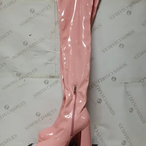 PAIR OF KOI DESIGNER VEGAN THIGH HEELED BOOTS IN GLOSSY PINK - WOMENS SIZE 9