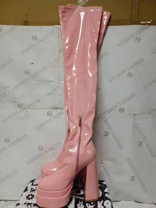 PAIR OF KOI DESIGNER VEGAN THIGH HEELED BOOTS IN GLOSSY PINK - WOMENS SIZE 9