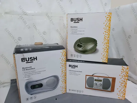 3 BOXED BUSH PRODUCTS TO INCLUDE 1 BLUETOOTH CD BOOMBOX, 1 BOOMBOX, 1 DAB/FM BLUETOOTH RADIO