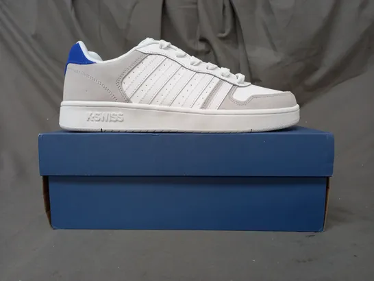 BOXED PAIR OF K.SWISS SHOES IN WHITE/GREY/BLUE UK SIZE 11