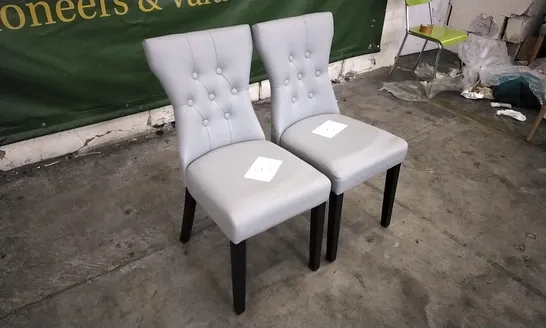 PAIR OF KENSINGTON LIGHT GREY LEATHER BUTTON BACK DINING CHAIRS WITH BLACK LEGS