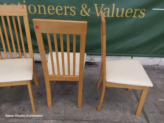 SET OF FOUR SLAT BACK DINING CHAIRS NATURAL WOOD/ CREAM PU