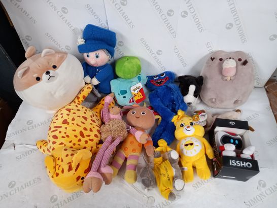 LOT OF ASSORTED TEDDIES TO INCLUDE HUGGY WUGGY, CARE BEARS AND POKEMON