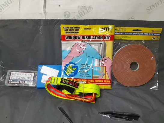 BOX OF APPROXIMATELY 14 ASSORTED ITEMS TO INCLUDE - MARKSMAN BROWN EXCLUDING DRAUGHT TAPE 5M X10MM , WINDOW INSULATION KIT , RHINO EVAD RECHYIARD ETC