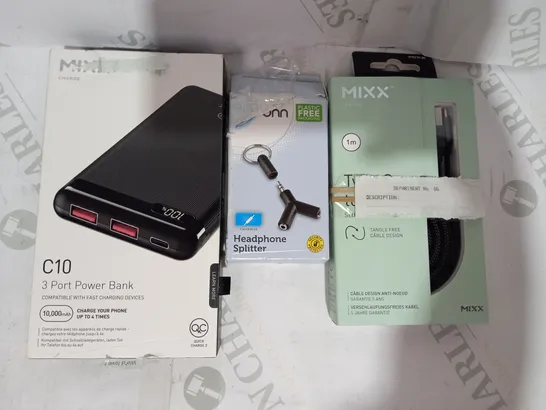 LOT OF APPROXIMATELY 20 ASSORTED HOUSEHOLD ITEMS TO INCLUDE MIXX C10 3 PORT POWER BANK, ONN HEADPHONE SPLITTER, MIXX TYPE C TO USB CABLE, ETC