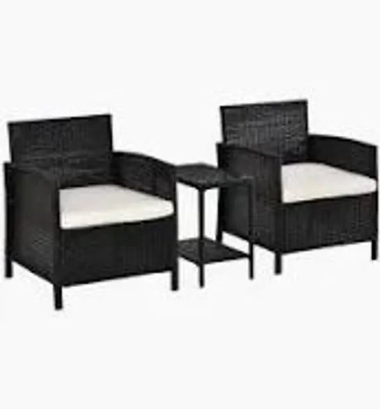 BOXED OUTSUNNY 3 PIECES RATTAN BISTRO SET, WICKER GARDEN FURNITURE SET WITH 2-TIER COFFEE TABLE AND CHAIRS, CUSHIONS, FOR OUTDOOR PATIO BALCONY, BLACK