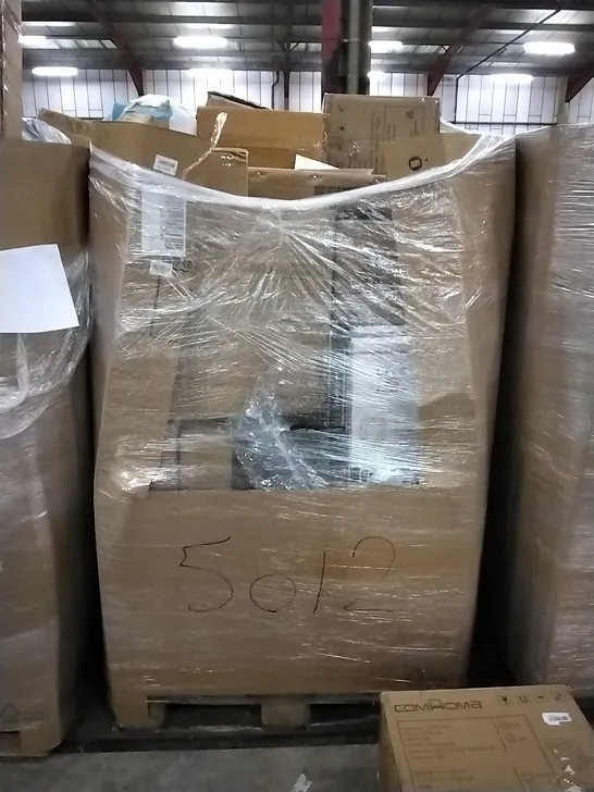 PALLET OF ASSORTED ITEMS INCLUDING COMHOMA OFFICE CHAIR, STOREMIC TOILET SEAT, ROLLER BLINDS, CURTAIN ROD, WALL CLOCK, AIR FRYER